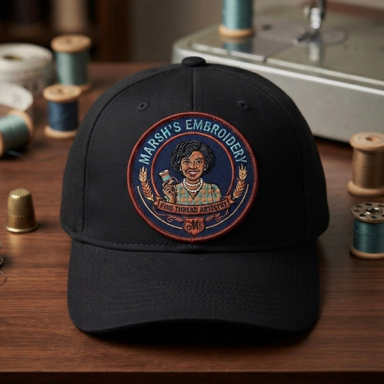 A black baseball cap with a circular embroidered patch reading 'MARSH'S EMBROIDERY' and showing a vintage-style portrait, displayed on a wooden table with sewing supplies in the background.