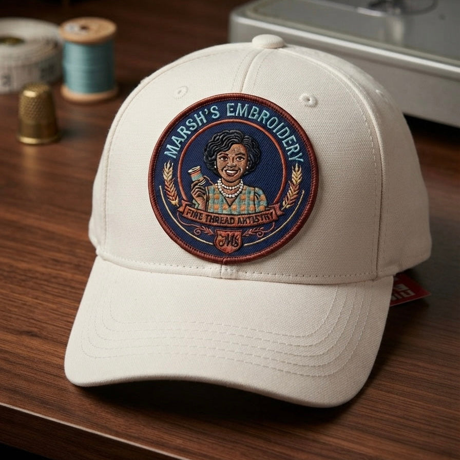 An off-white baseball cap resting on a wooden table, featuring a circular embroidered patch on the front with a portrait and the text 'MARSH'S EMBROIDERY'. A sewing machine and spools of thread are blurred in the background.