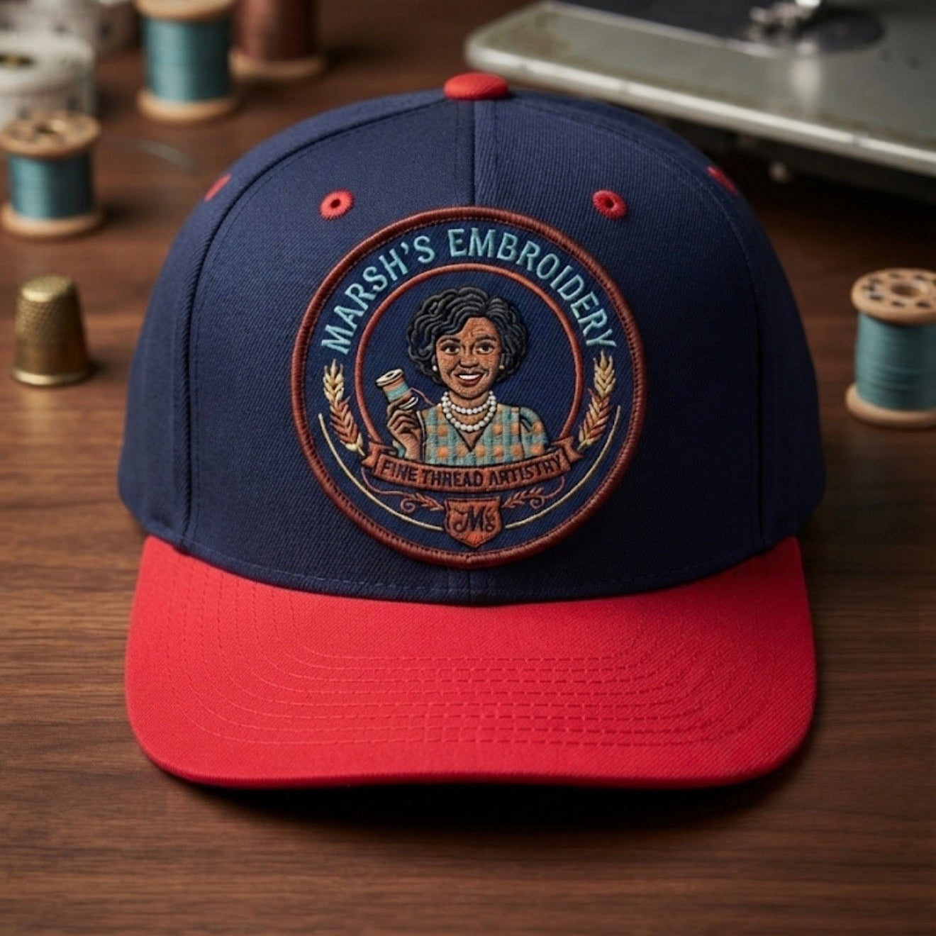 A navy blue and red baseball cap with a circular embroidered patch on the front, displayed on a wooden table with sewing supplies in the background.