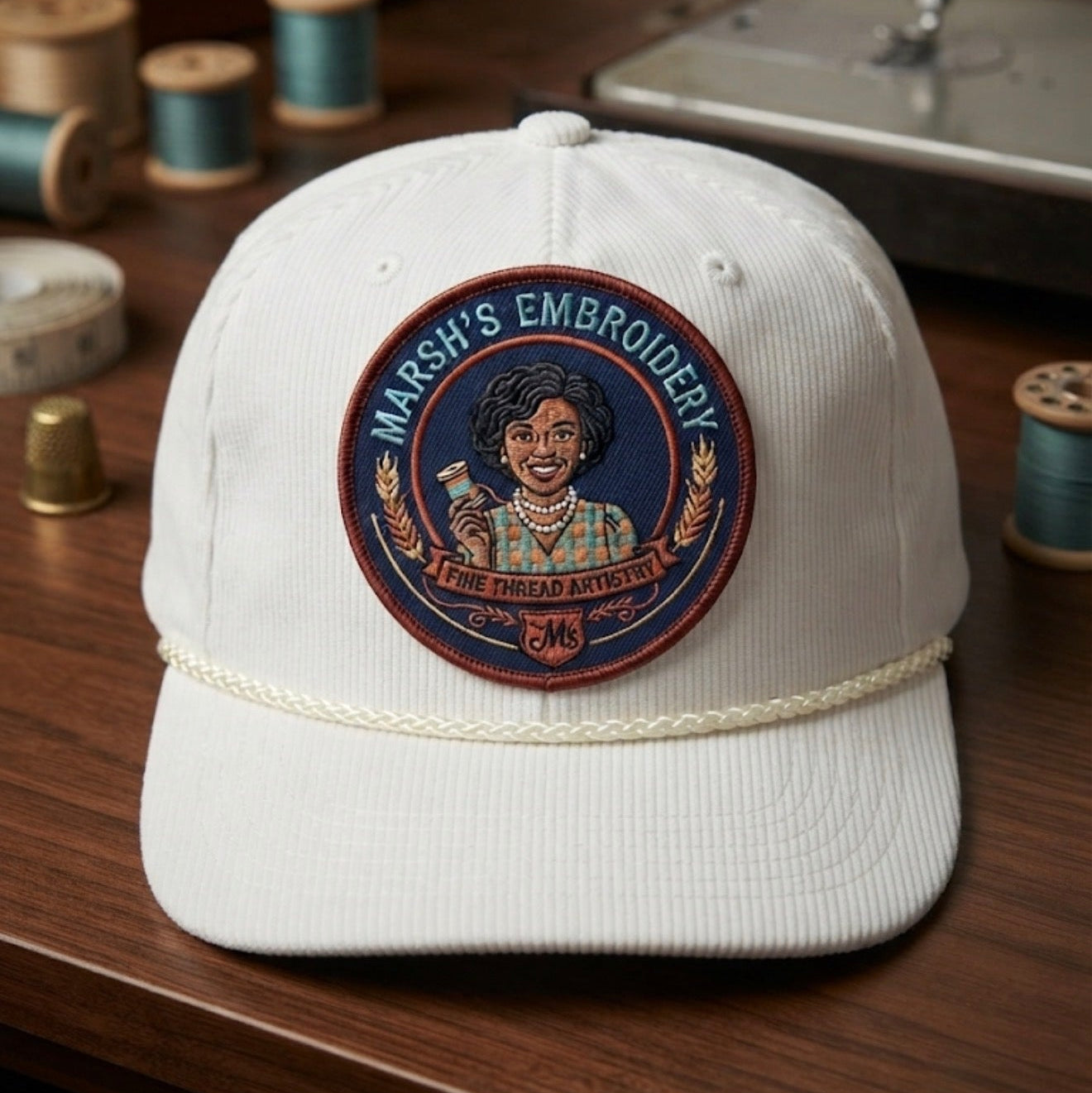 A white baseball cap with a round embroidered patch reading 'MARSH'S EMBROIDERY' and 'THE SWEETEST TIME EVER,' placed on a wooden table with sewing supplies in the background.