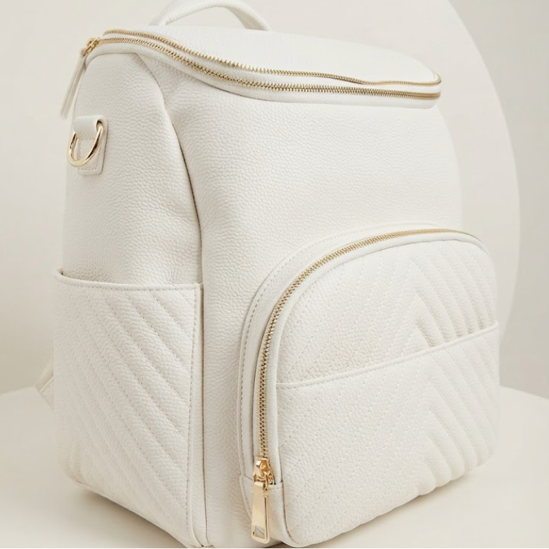 A white faux-leather backpack with gold-tone zippers and hardware, featuring a quilted front pocket, set against a clean white background.